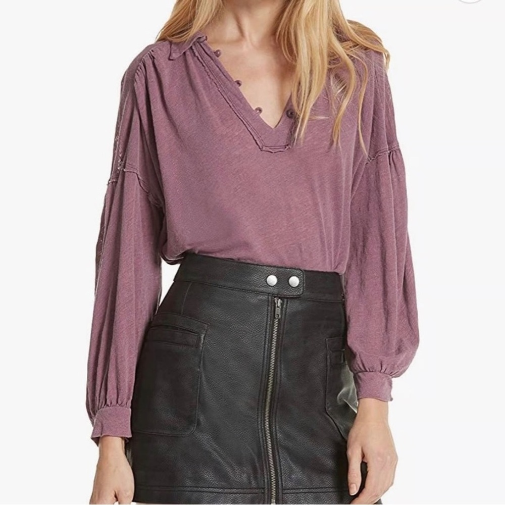 Free People - We The Free Rush Hour Mulberry Linen Blend Collar Button Blouse M